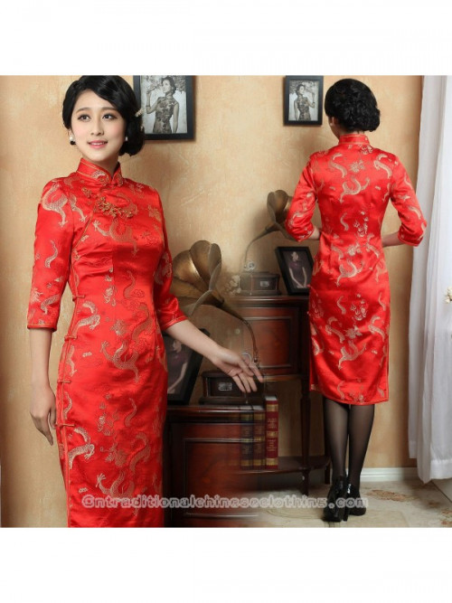 Golden dragon jacquard woven red silk brocade qipao Chinese cheongsam bridal wedding dress  https://www.cntraditionalchineseclothing.com/traditional-cheongsam.html