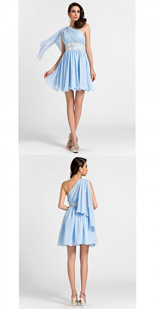 Short/Mini Chiffon Bridesmaid Dress - Sky Blue Plus Sizes / Petite A-line / Princess One Shoulder  https://www.chicdresses.co.uk/