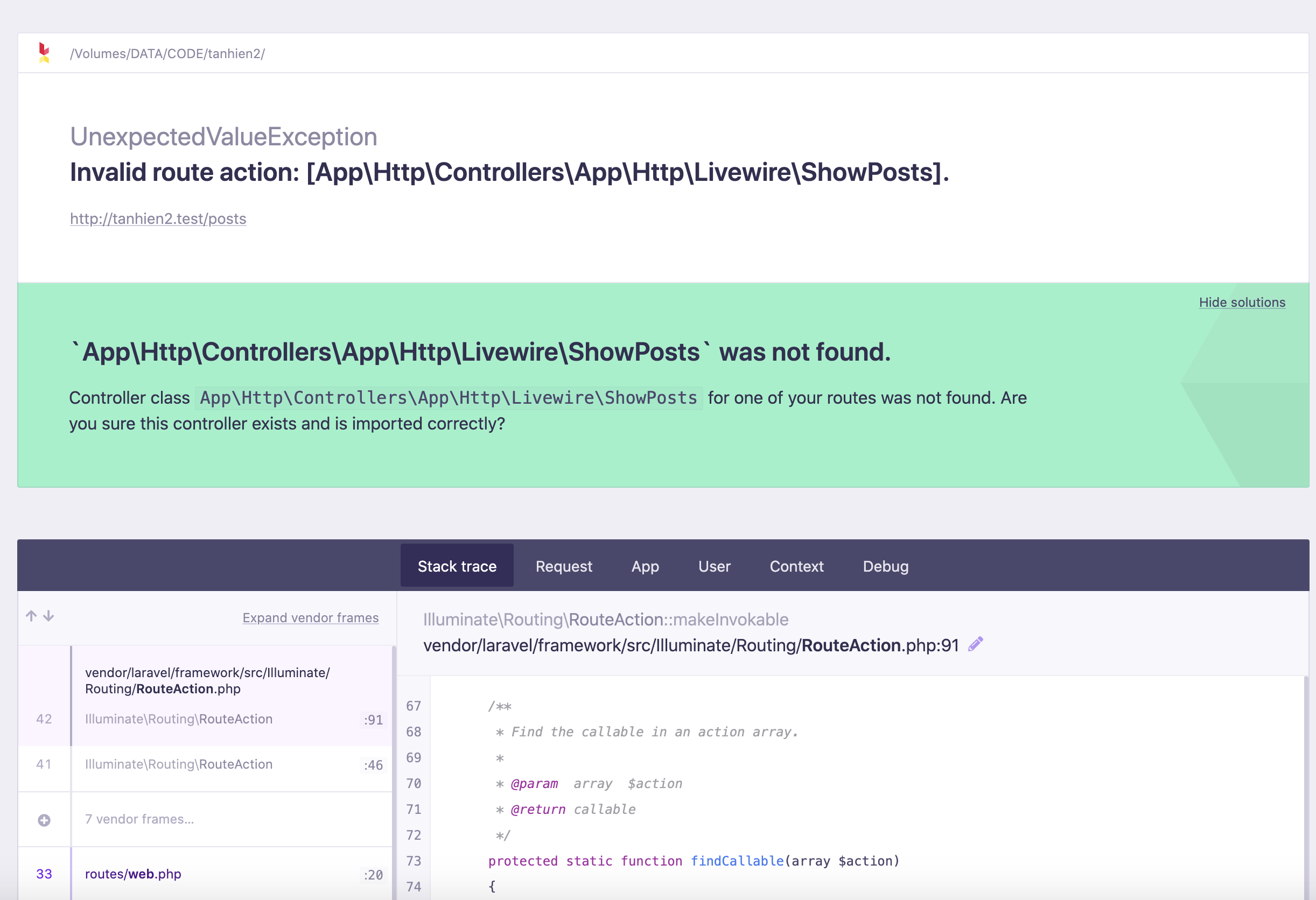 unexpectedvalueexception invalid route action